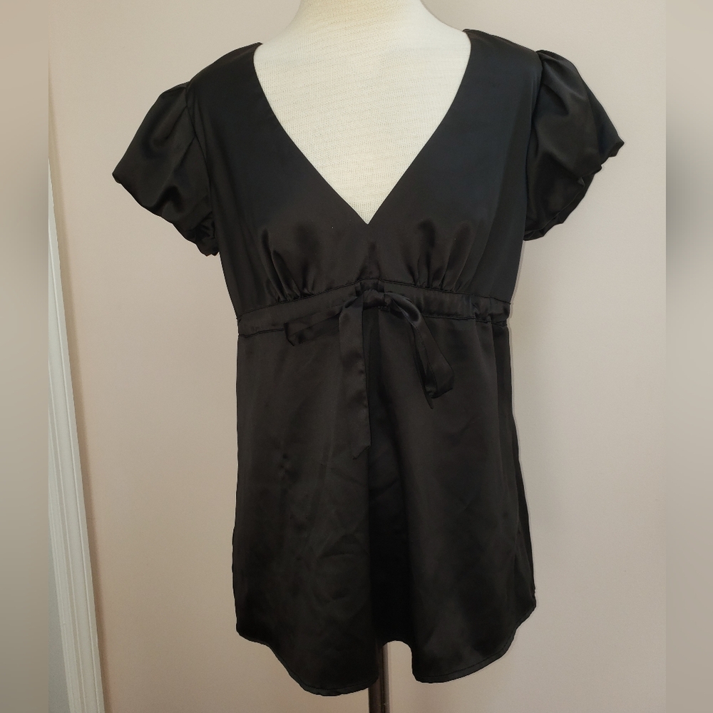 Express Black Satin V-Neck Tie-Waist Flutter Sleeve Top